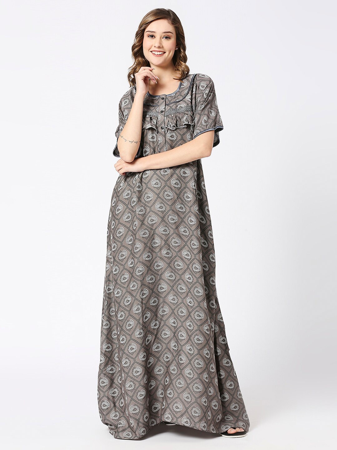 

Pretty Awesome Ethnic Motifs Printed Maxi Maternity Nightdress, Grey
