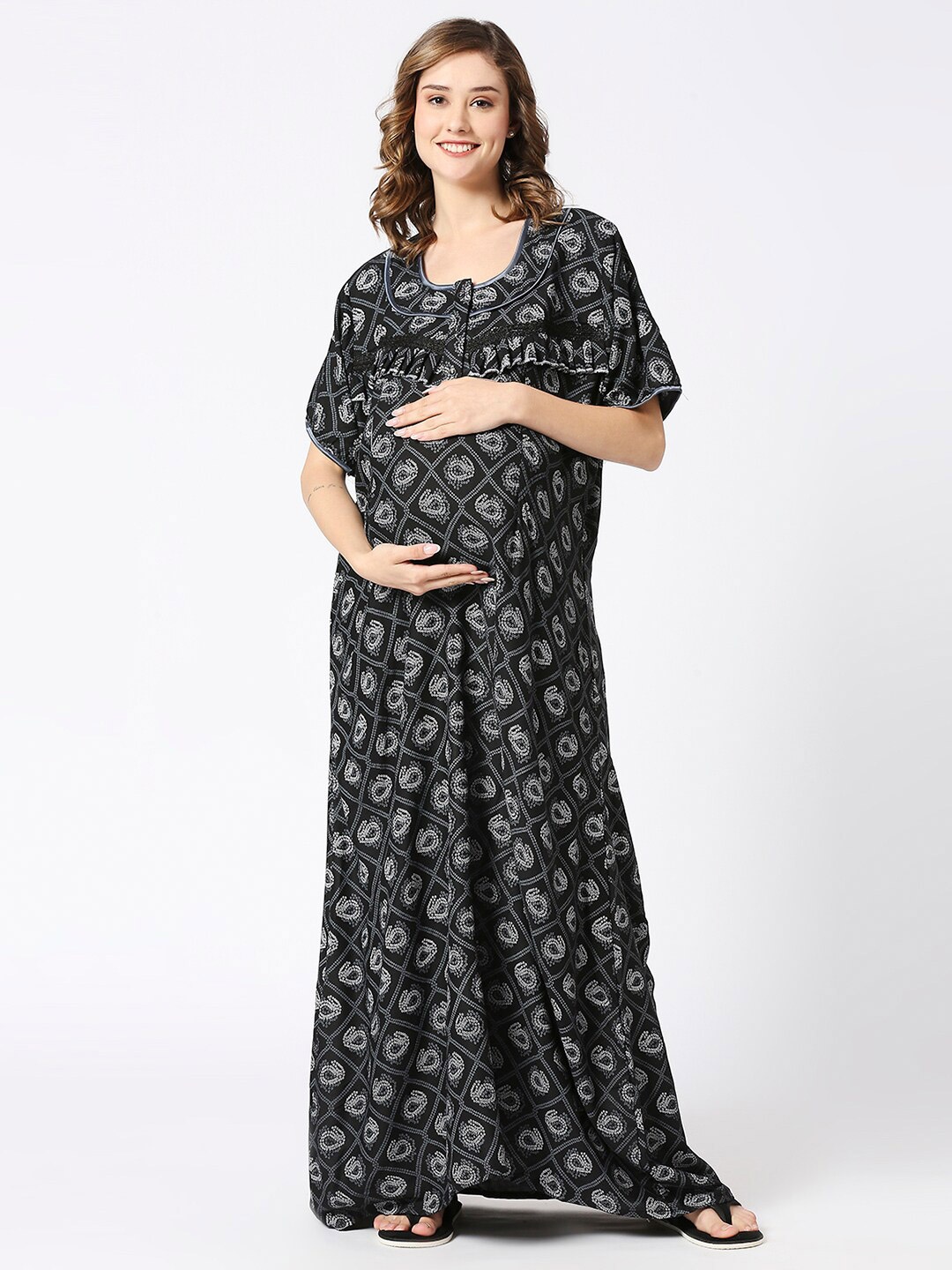 

Pretty Awesome Ethnic Motifs Printed Maxi Maternity Nightdress, Black