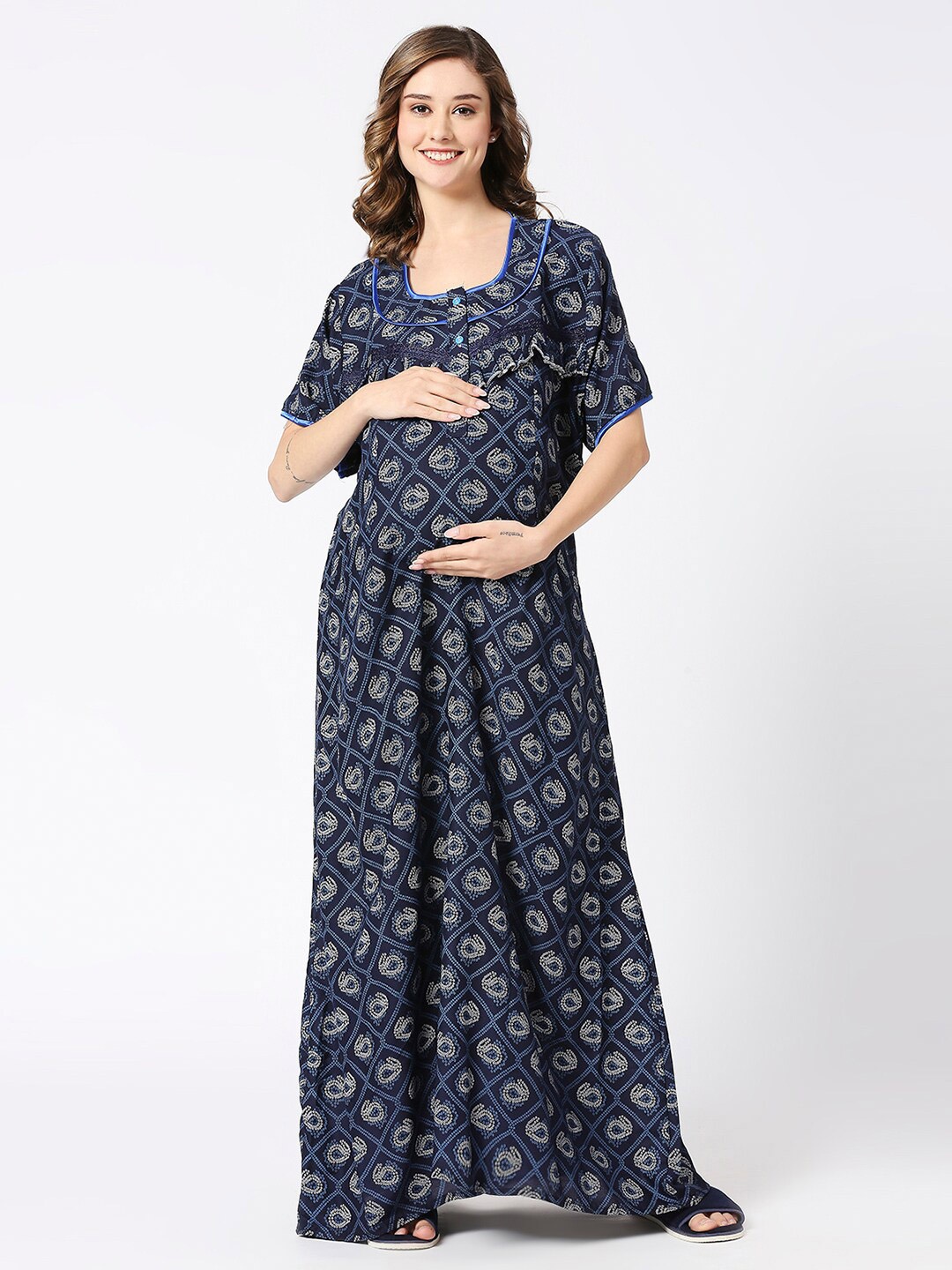 

Pretty Awesome Ethnic Motifs Printed Maxi Maternity Nightdress, Blue