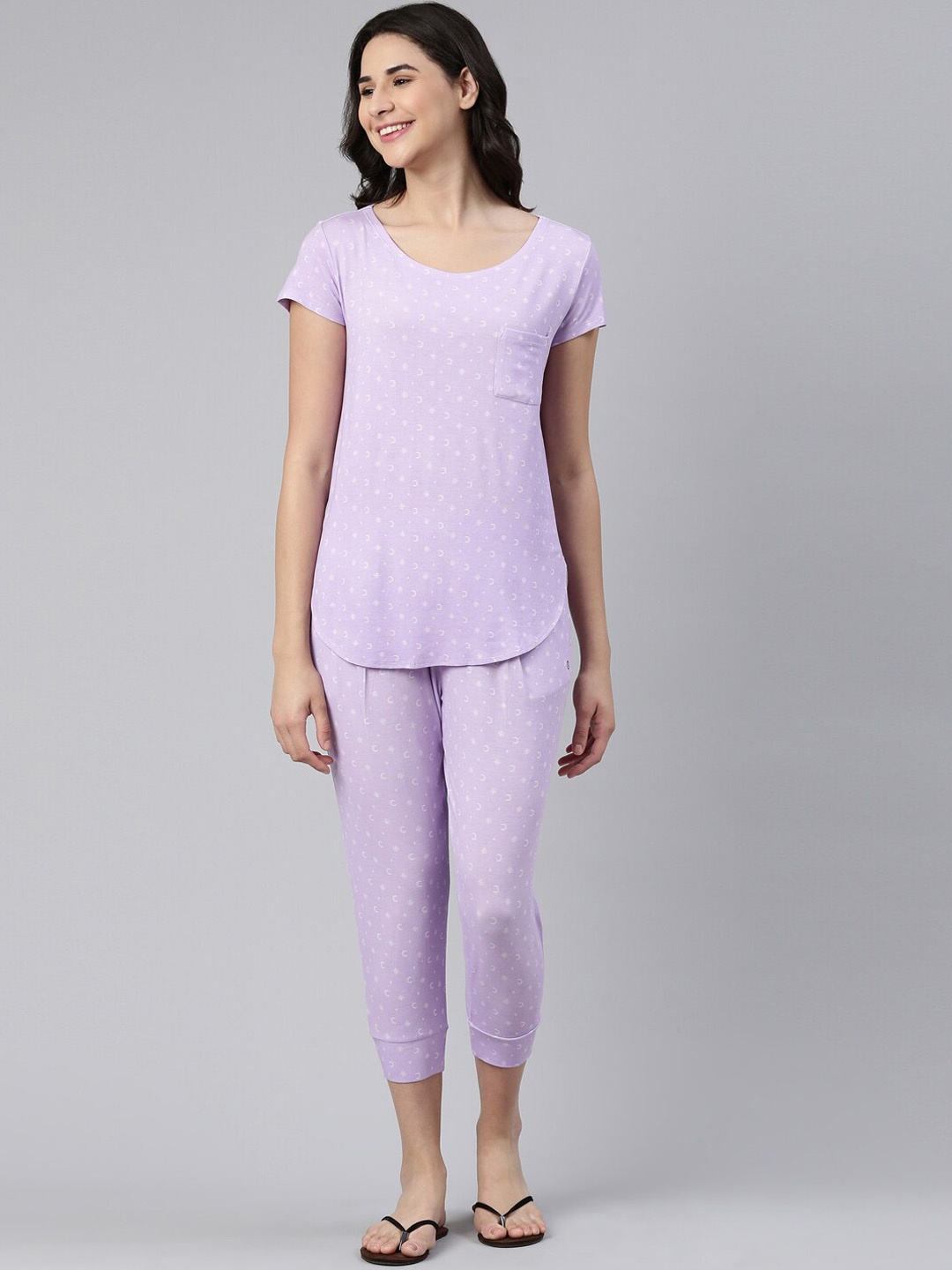 Enamor Conversational Printed Home T-Shirt and Capri Set, Purple