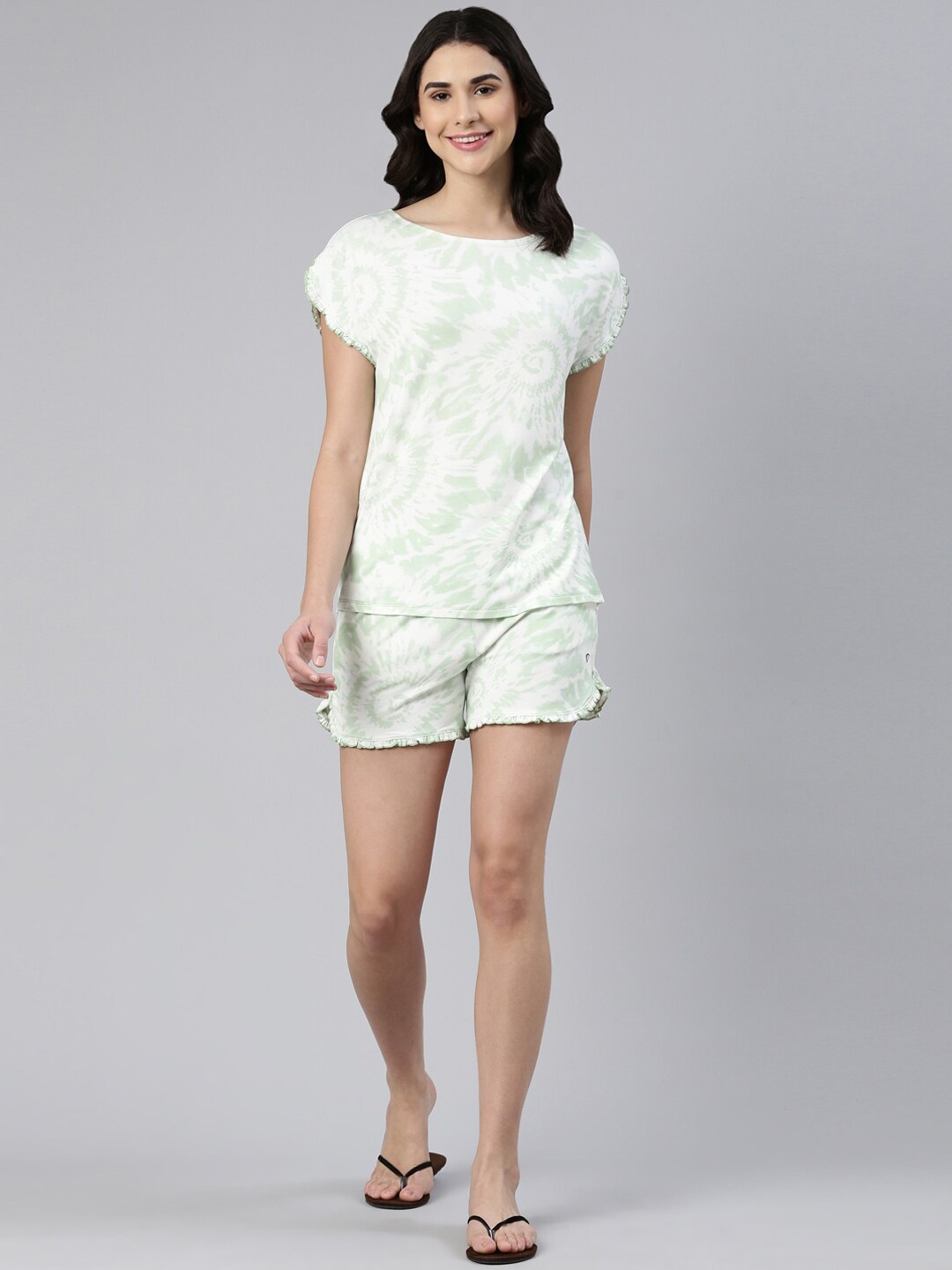 

Enamor Tie & Dye Home T-Shirt and Shorts Set with Ruffled Trim, Green