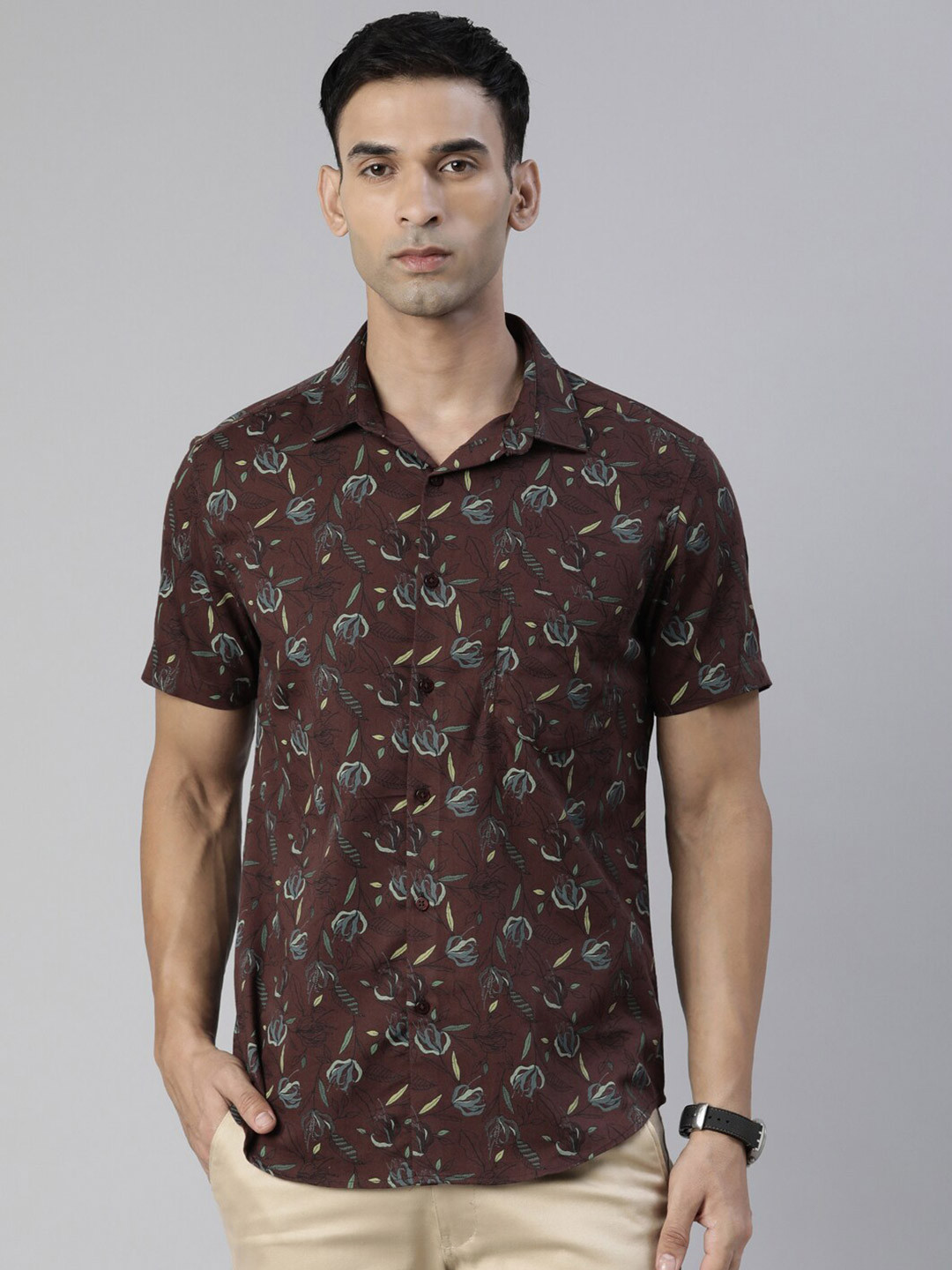 

Bushirt Floral Printed Comfort Fit Pure Cotton Casual Shirt, Brown