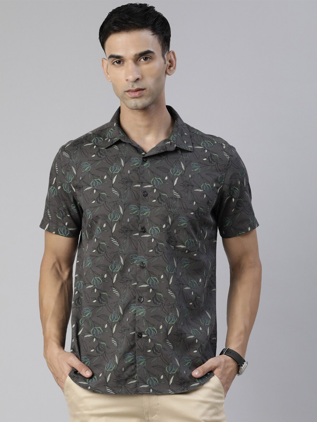 

Bushirt Floral Printed Comfort Fit Pure Cotton Casual Shirt, Grey