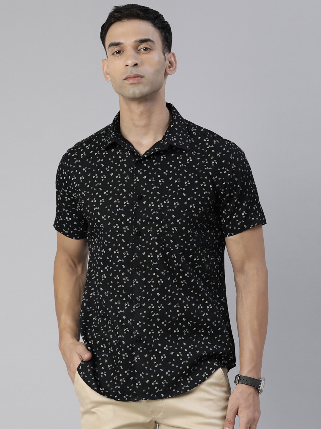 

Bushirt Comfort Micro Ditsy Printed Pure Cotton Casual Shirt, Black