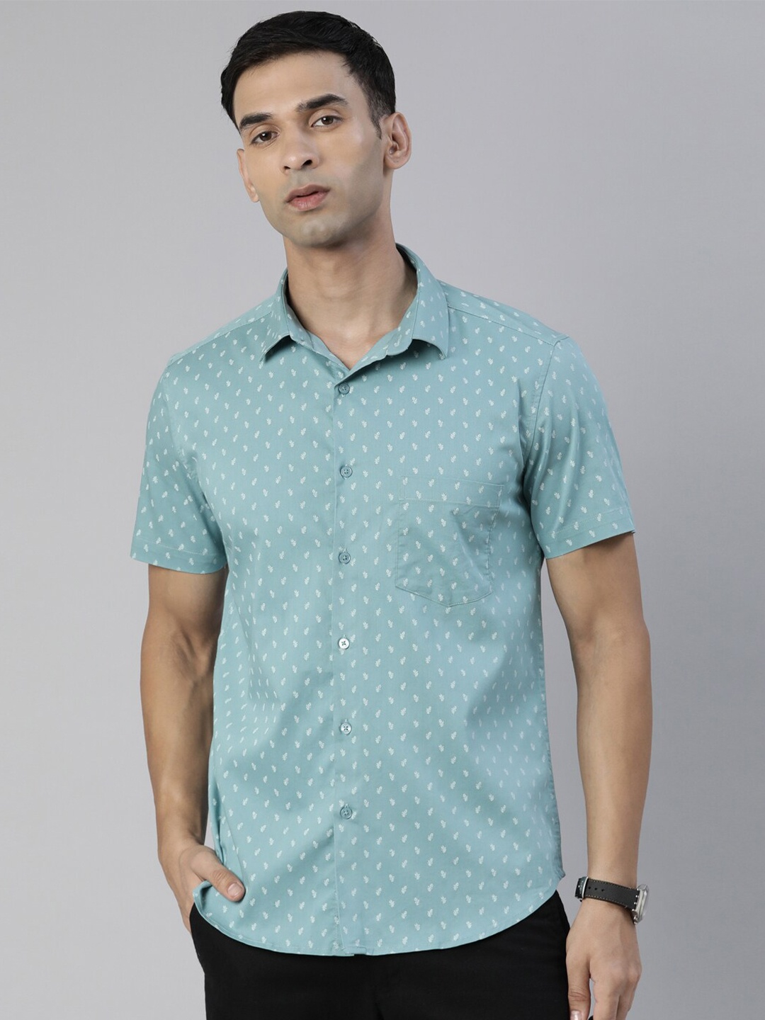 

Bushirt Comfort Micro Ditsy Printed Pure Cotton Casual Shirt, Turquoise blue