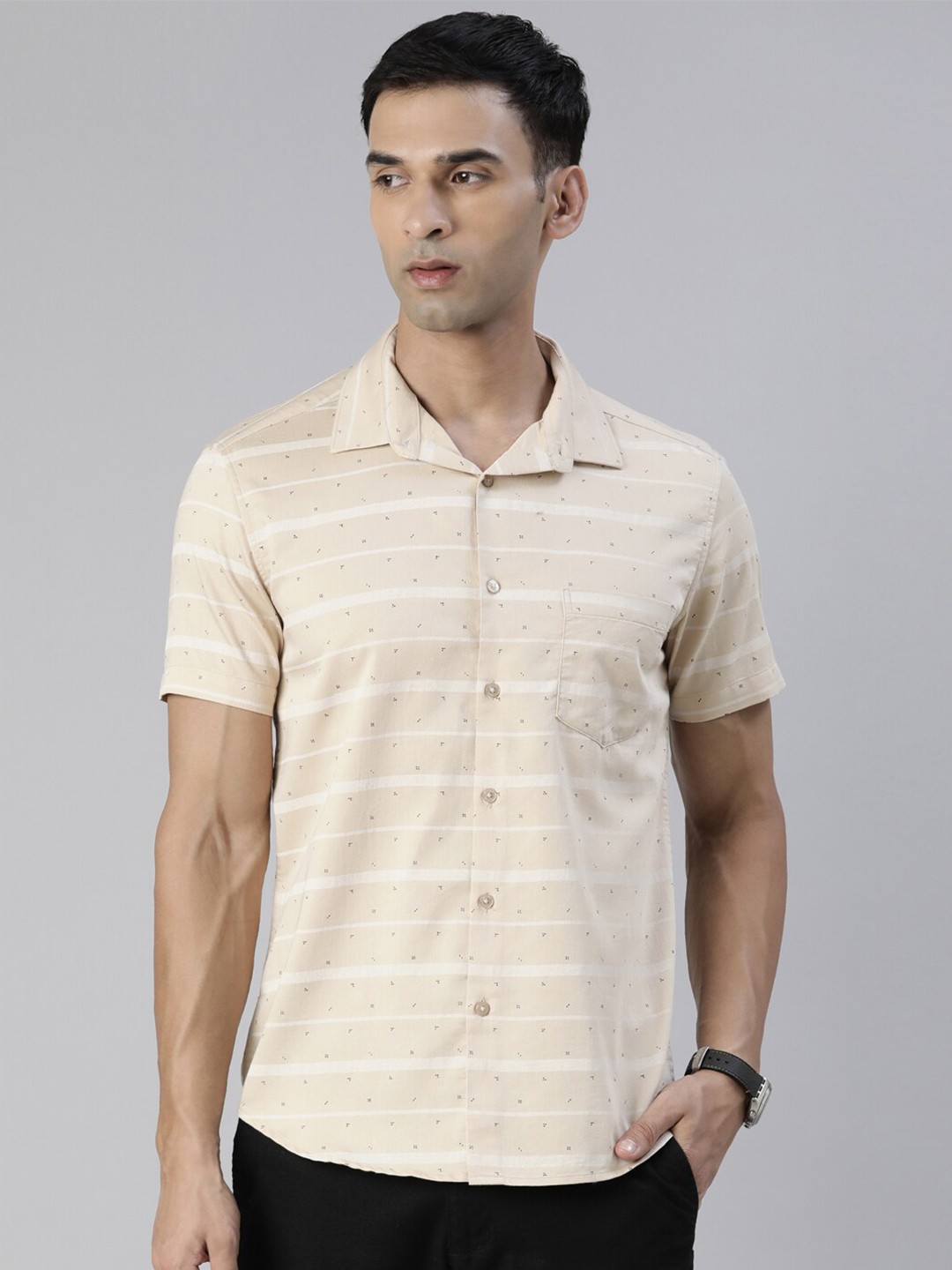 

Bushirt Comfort Micro Ditsy Printed Pure Cotton Casual Shirt, Cream
