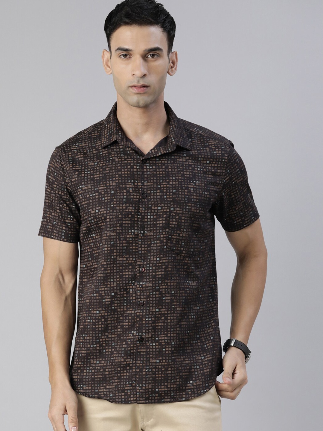 

Bushirt Comfort Abstract Printed Pure Cotton Casual Shirt, Brown