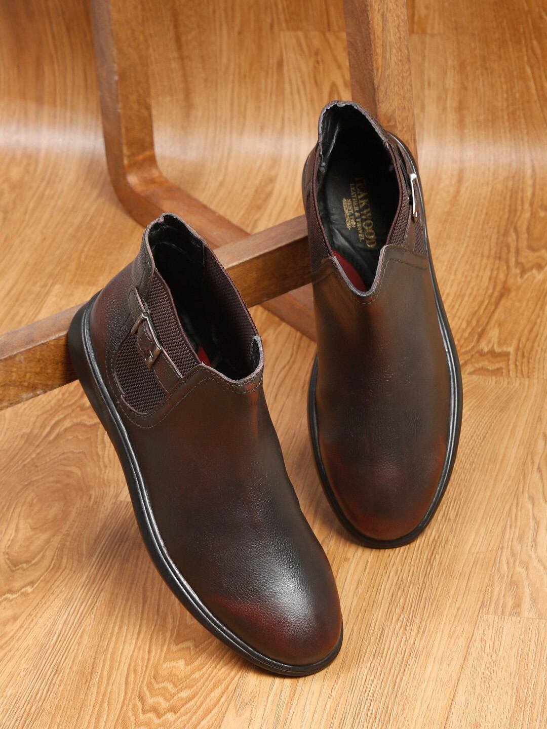 

Teakwood Leathers Men Mid Top Leather Chelsea Boots With Buckle Detail, Brown