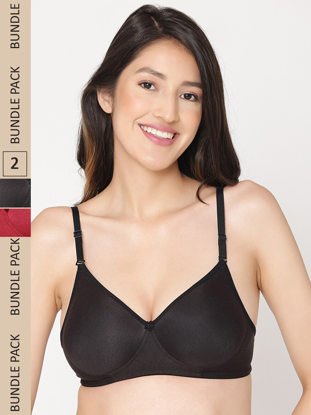 

ABELINO Pack Of 2 Full Coverage Lightly Padded All Day Comfort Seamless Cotton T-Shirt Bra, Black
