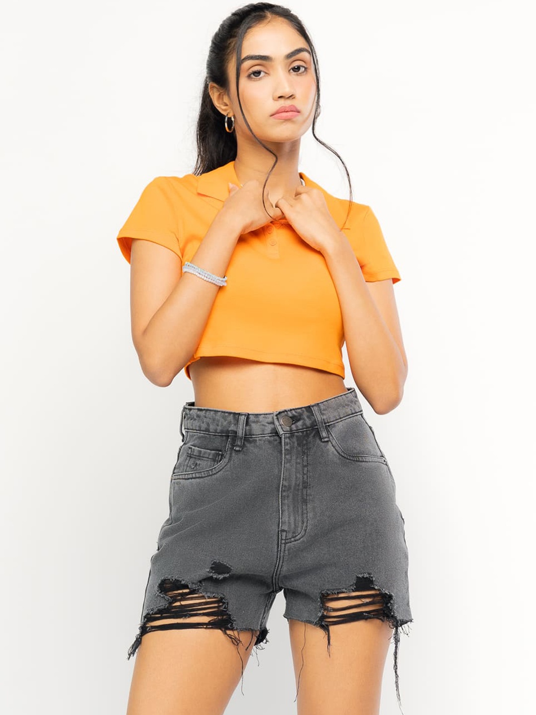 

FREAKINS Women Grey Slim Fit High-Rise Denim Shorts