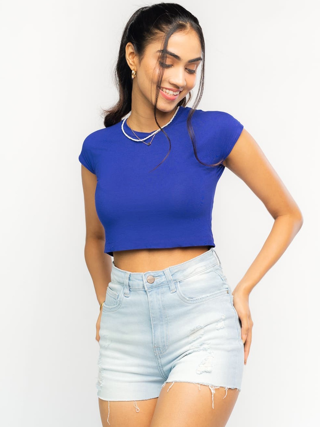 

FREAKINS Women Blue Washed Slim Fit High-Rise Denim Shorts