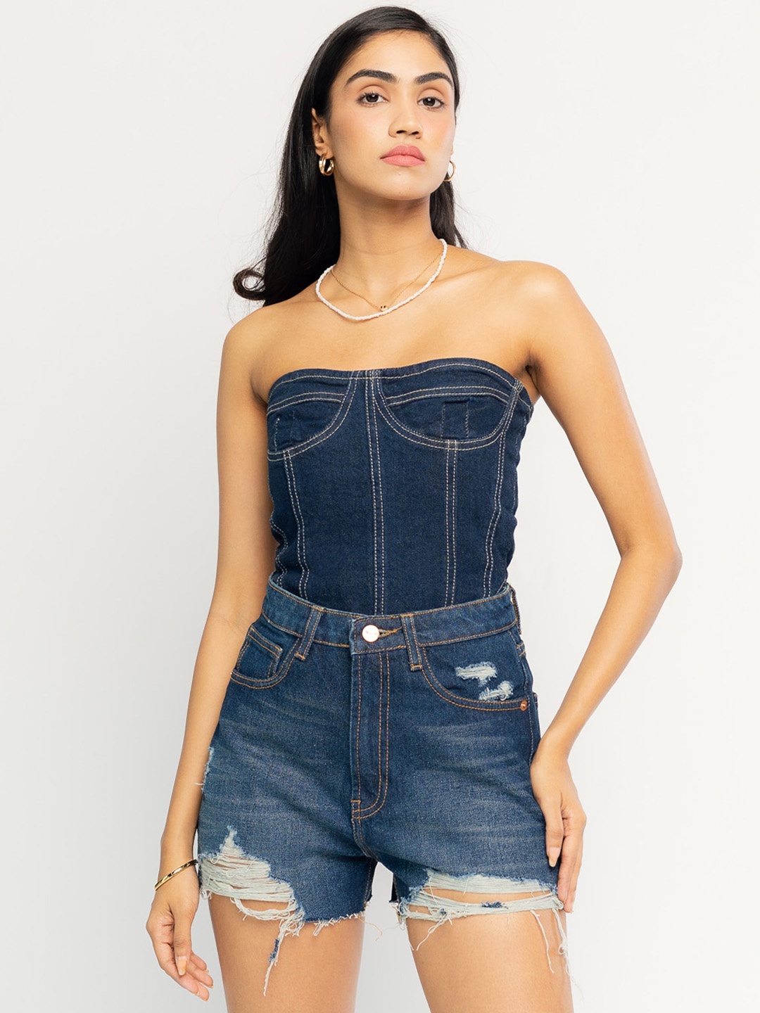 

FREAKINS Women Blue Washed Slim Fit High-Rise Denim Shorts