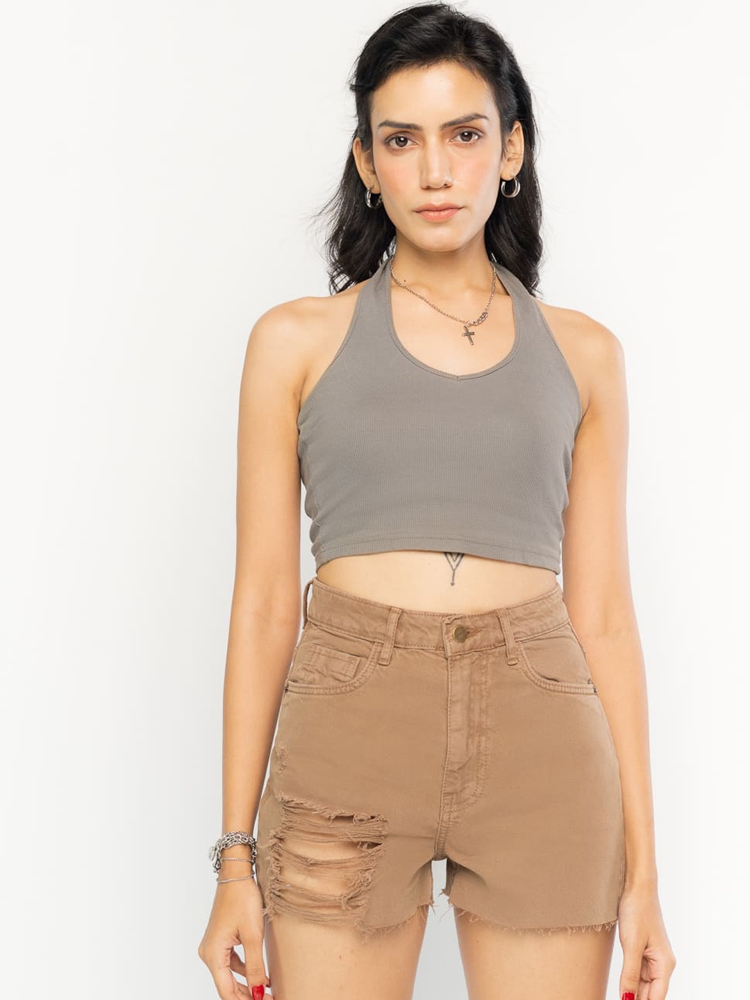 

FREAKINS Women Brown Slim Fit High-Rise Denim Shorts
