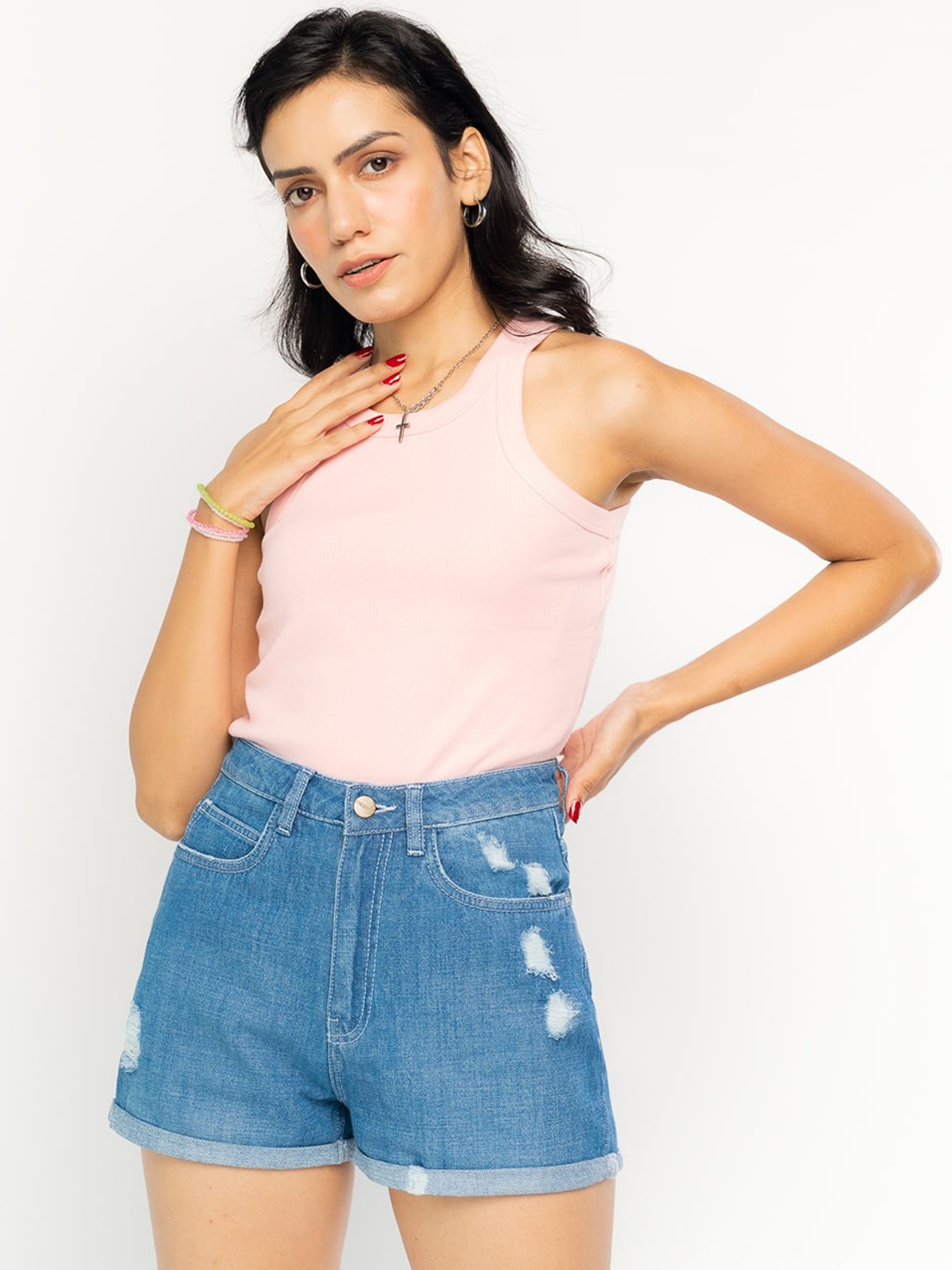 

FREAKINS Women Blue Slim Fit High-Rise Denim Shorts