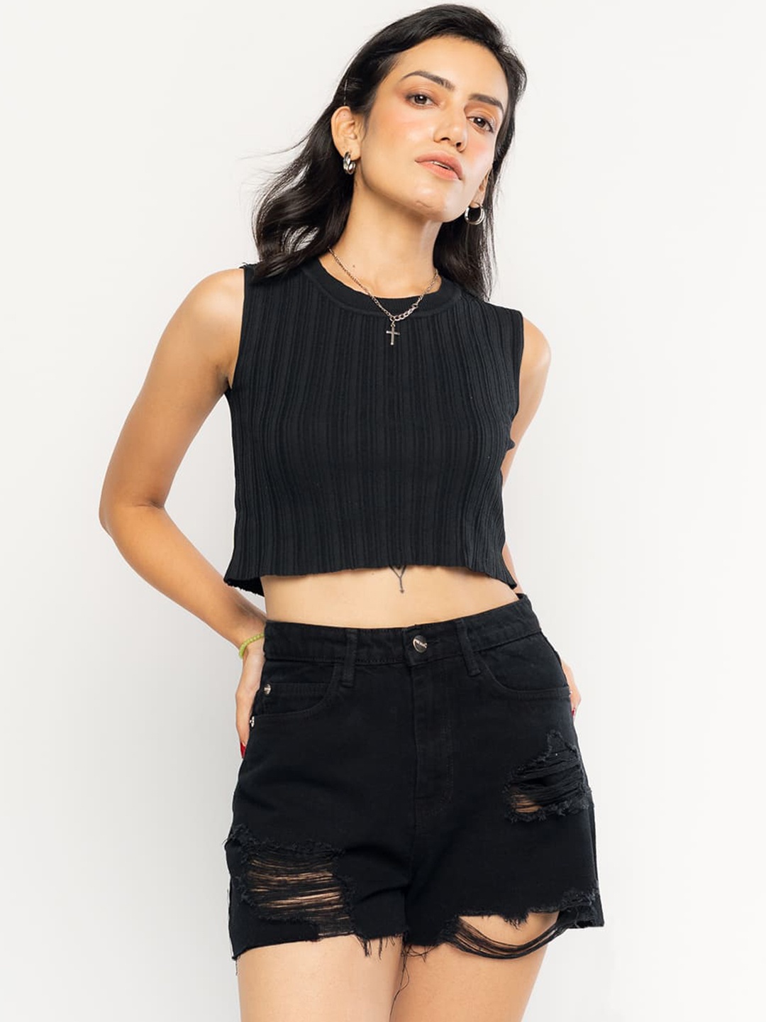 

FREAKINS Women Black Slim Fit High-Rise Denim Shorts