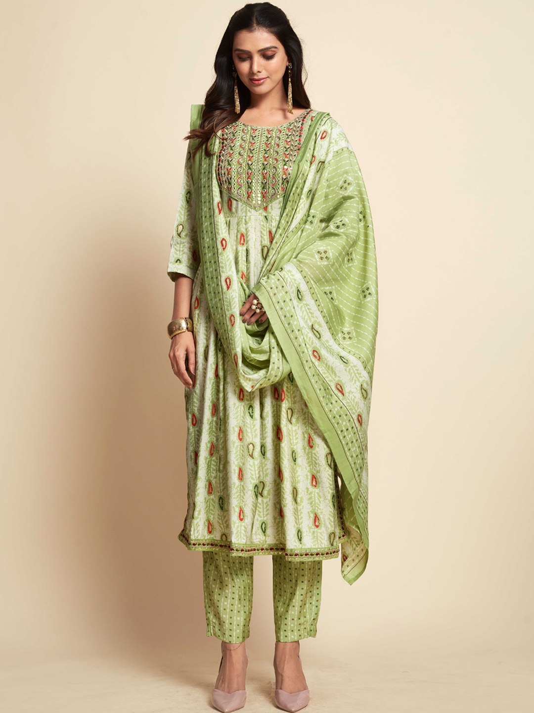 

Ishin Lime Green Paisley Printed Pleated Thread Work Kurta with Trousers & With Dupatta