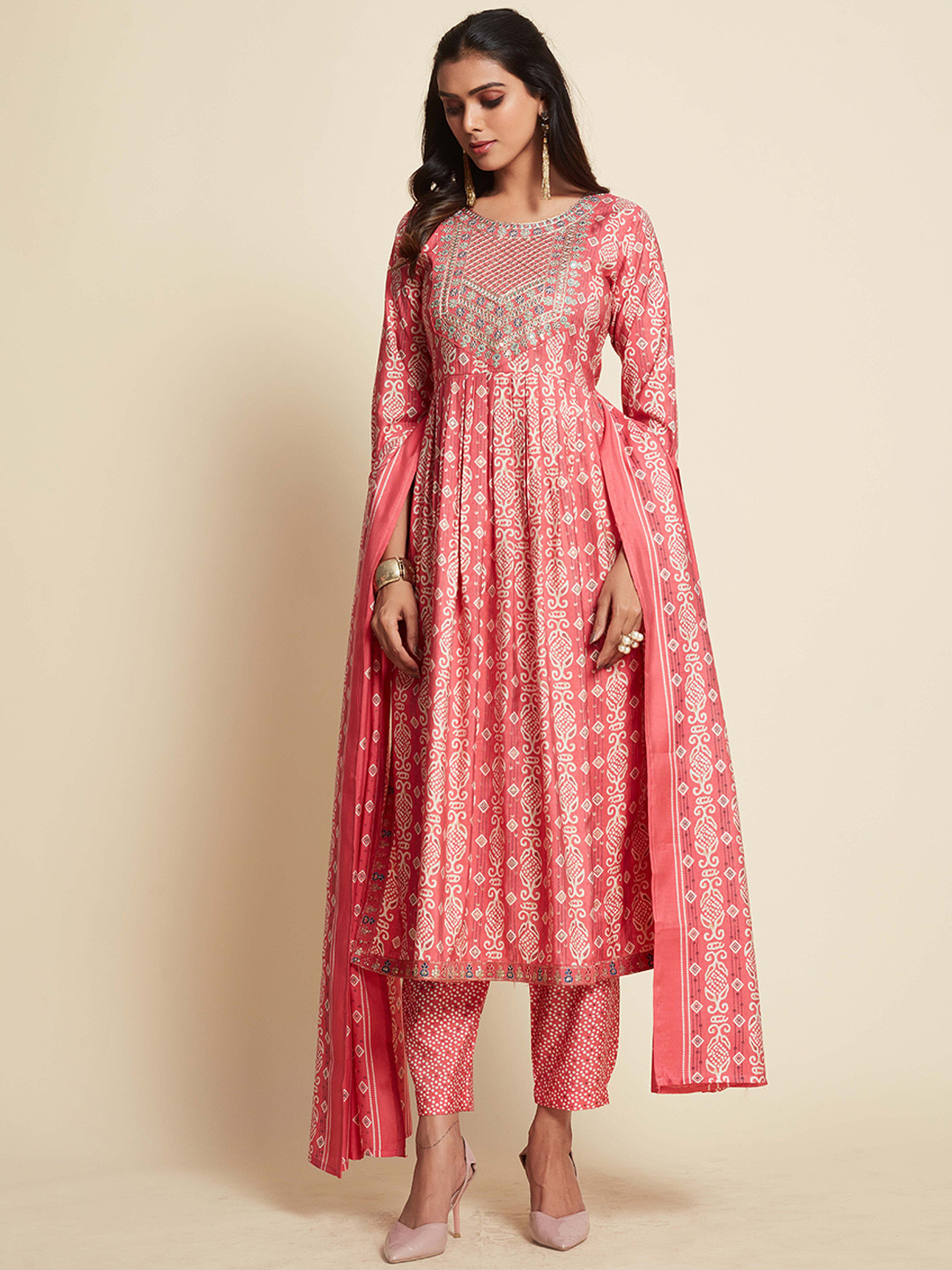 

Ishin Peach Ethnic Motifs Printed Pleated Kurta with Trousers & With Dupatta