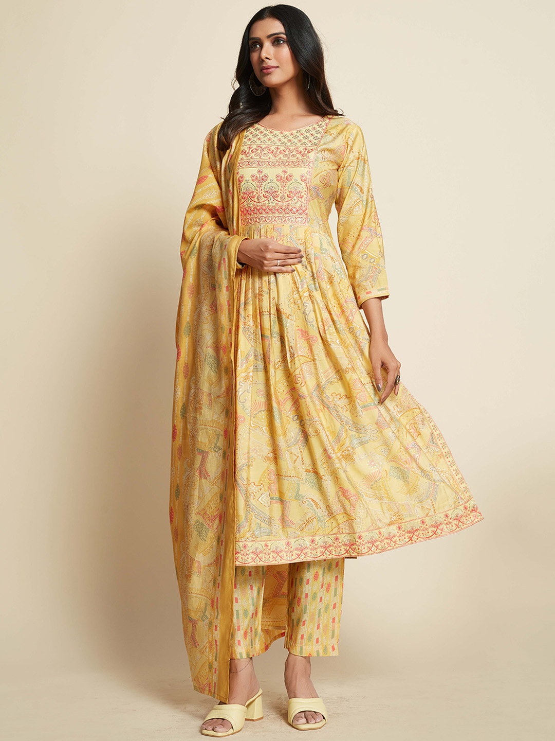 

Ishin Yellow Floral Printed Pleated Thread Work Kurta with Trousers & With Dupatta