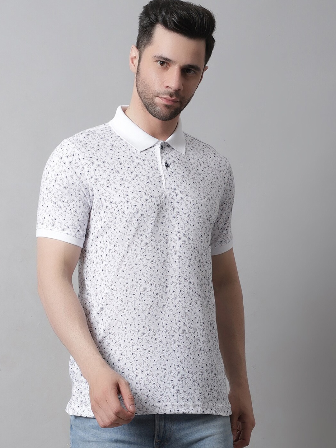 

VENITIAN Floral Printed Polo Collar Slim Fit T-Shirt, White