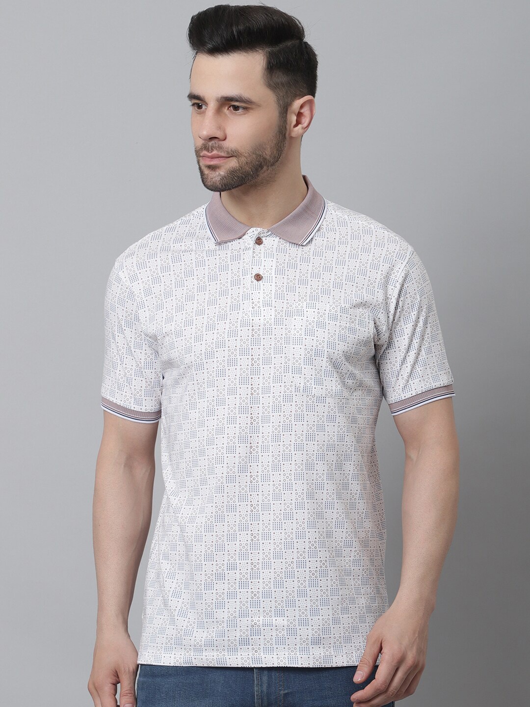 

VENITIAN Geometric Printed Polo Collar T-Shirt, White