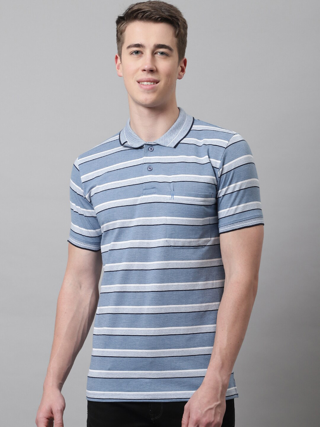 

VENITIAN Horizontal Striped Polo Collar T-Shirt, Blue
