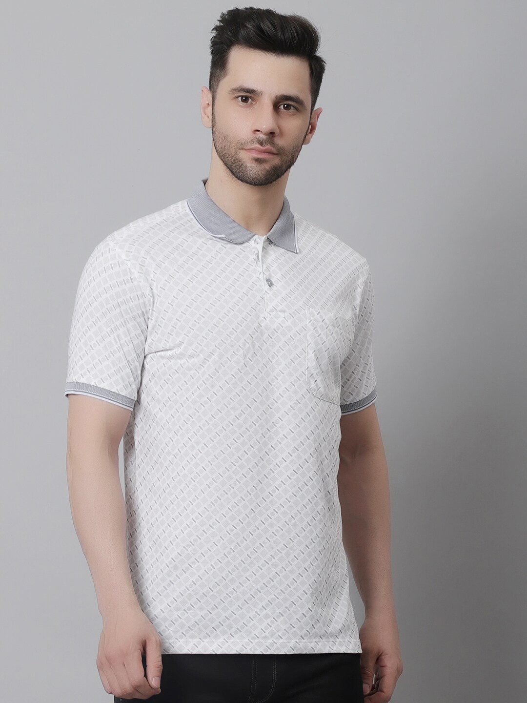 

VENITIAN Men Grey Polo Collar Pockets T-shirt