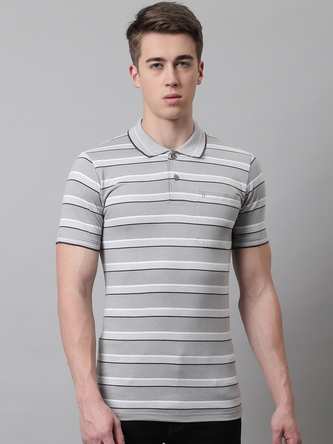

VENITIAN Horizontal Striped Polo Collar Cotton T-shirt, Grey