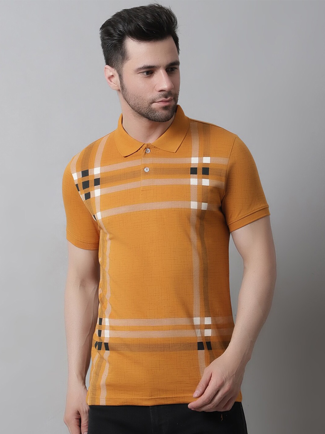 

VENITIAN Striped Polo Collar Slim Fit Cotton T-shirt, Mustard