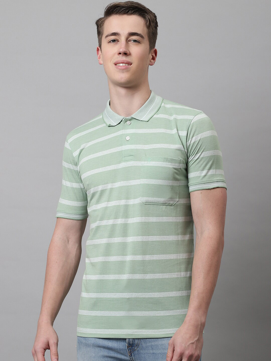 

VENITIAN Horizontal Striped Polo Collar T-Shirt, Lime green