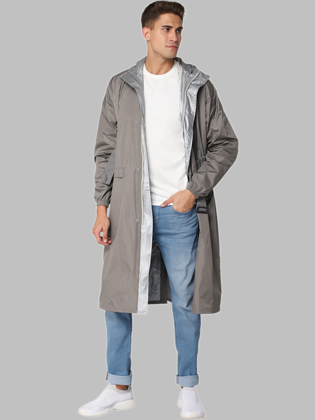 

THE CLOWNFISH Waterproof Reversible Double Layer Long Raincoat, Grey