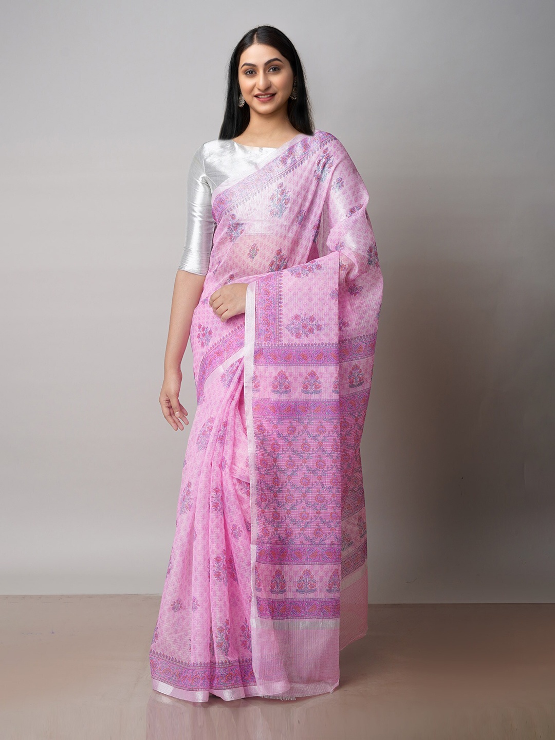 

Unnati Silks Ethnic Motifs Block Printed Zari Pure Cotton Kota Saree, Pink