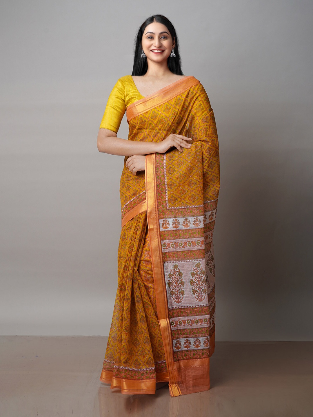 

Unnati Silks Ethnic Motifs Zari Pure Cotton Kota Saree, Mustard