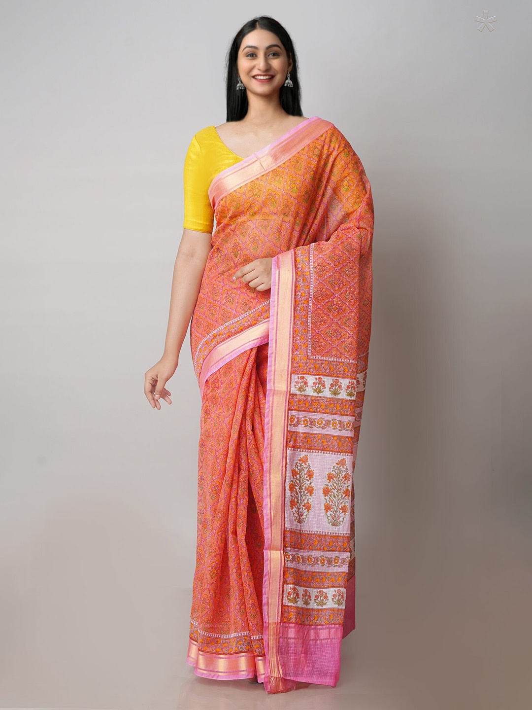 

Unnati Silks Ethnic Motifs Printed Zari Pure Cotton Kota Saree, Orange