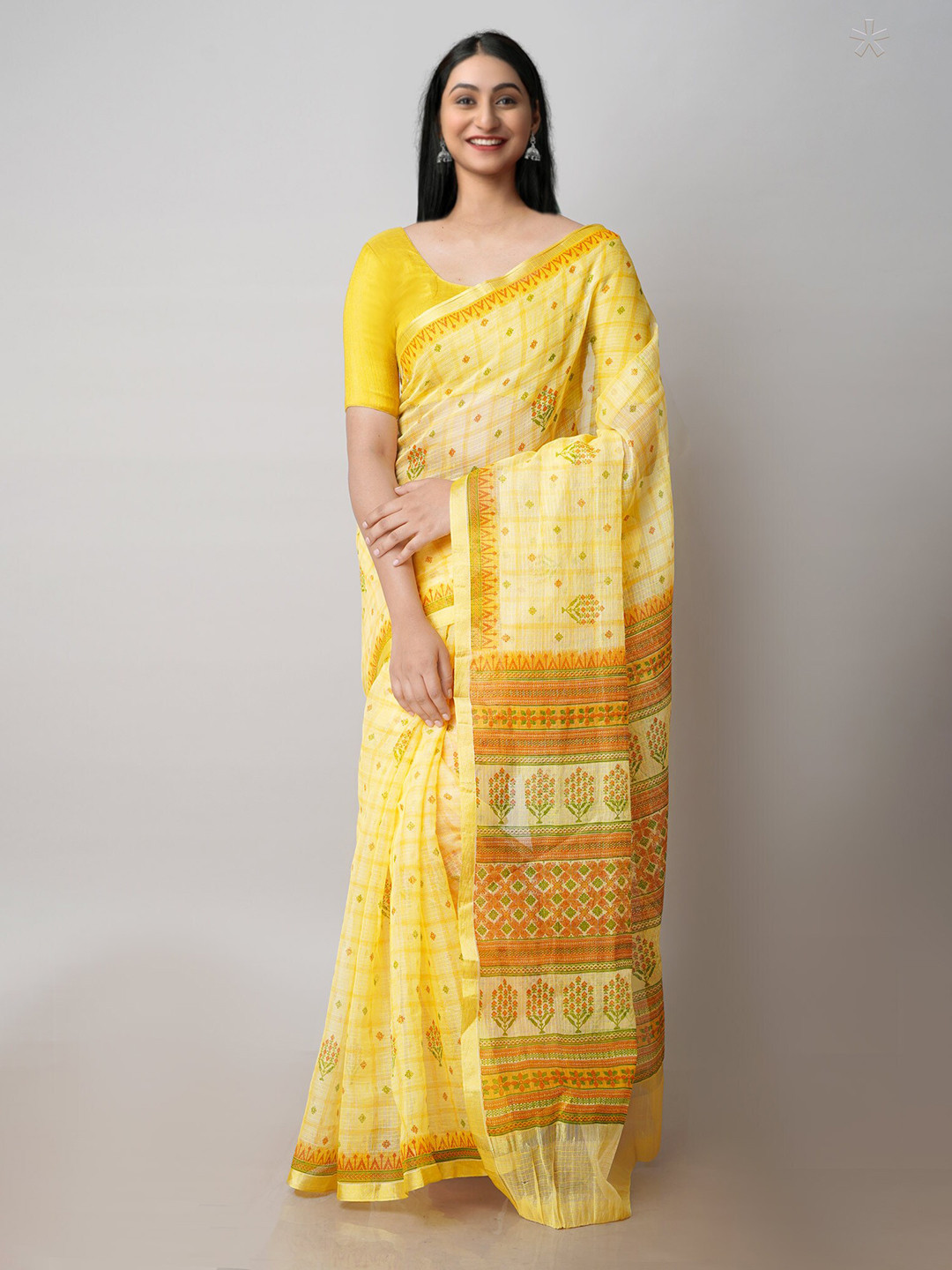 

Unnati Silks Ethnic Motifs Printed Zari Pure Cotton Kota Saree, Yellow