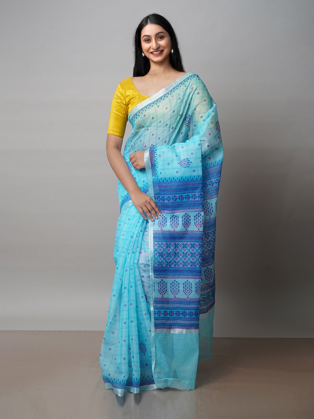 

Unnati Silks Ethnic Motifs Printed Zari Pure Cotton Kota Saree, Blue