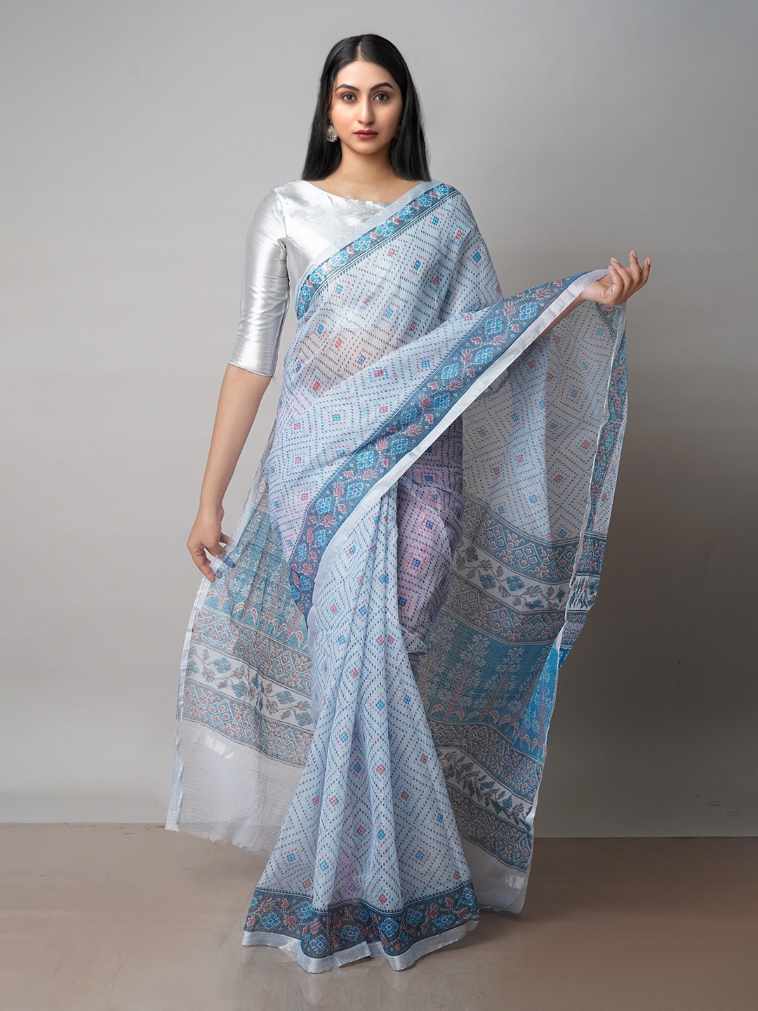 

Unnati Silks Bandhani Printed Zari Pure Cotton Kota Saree, Blue