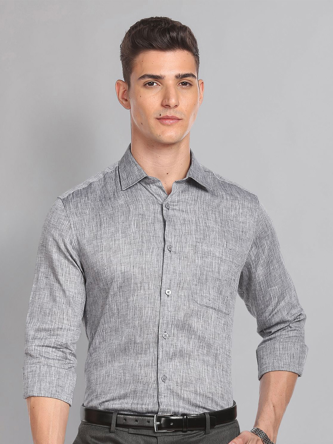 

AD By Arvind Spread Collar Pure Linen Formal Shirt, Grey