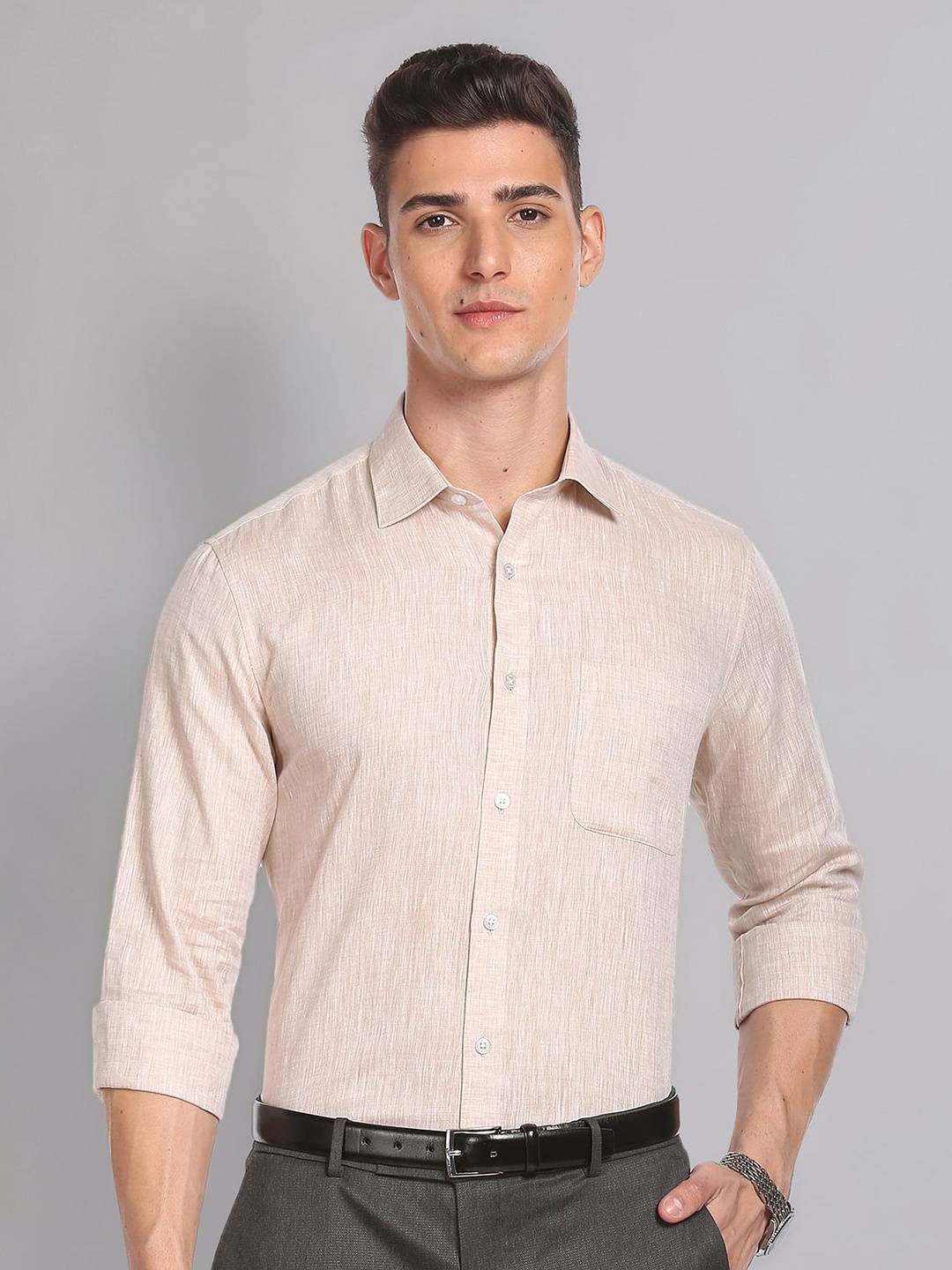 

AD By Arvind Self Design Pure Linen Formal Shirt, Beige