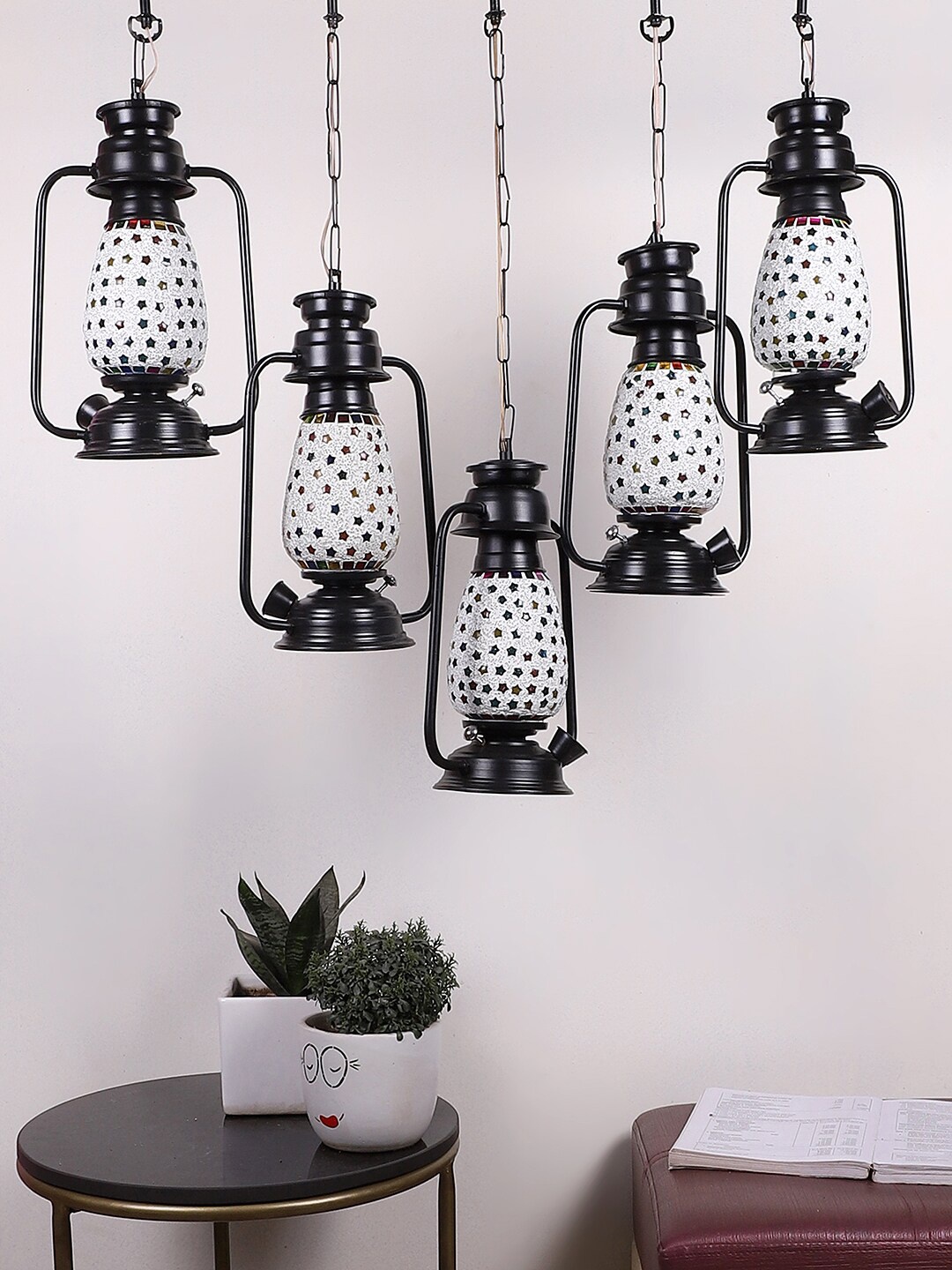 

Devansh Black & White Textured Quintuple Lantern Hanging Lamp