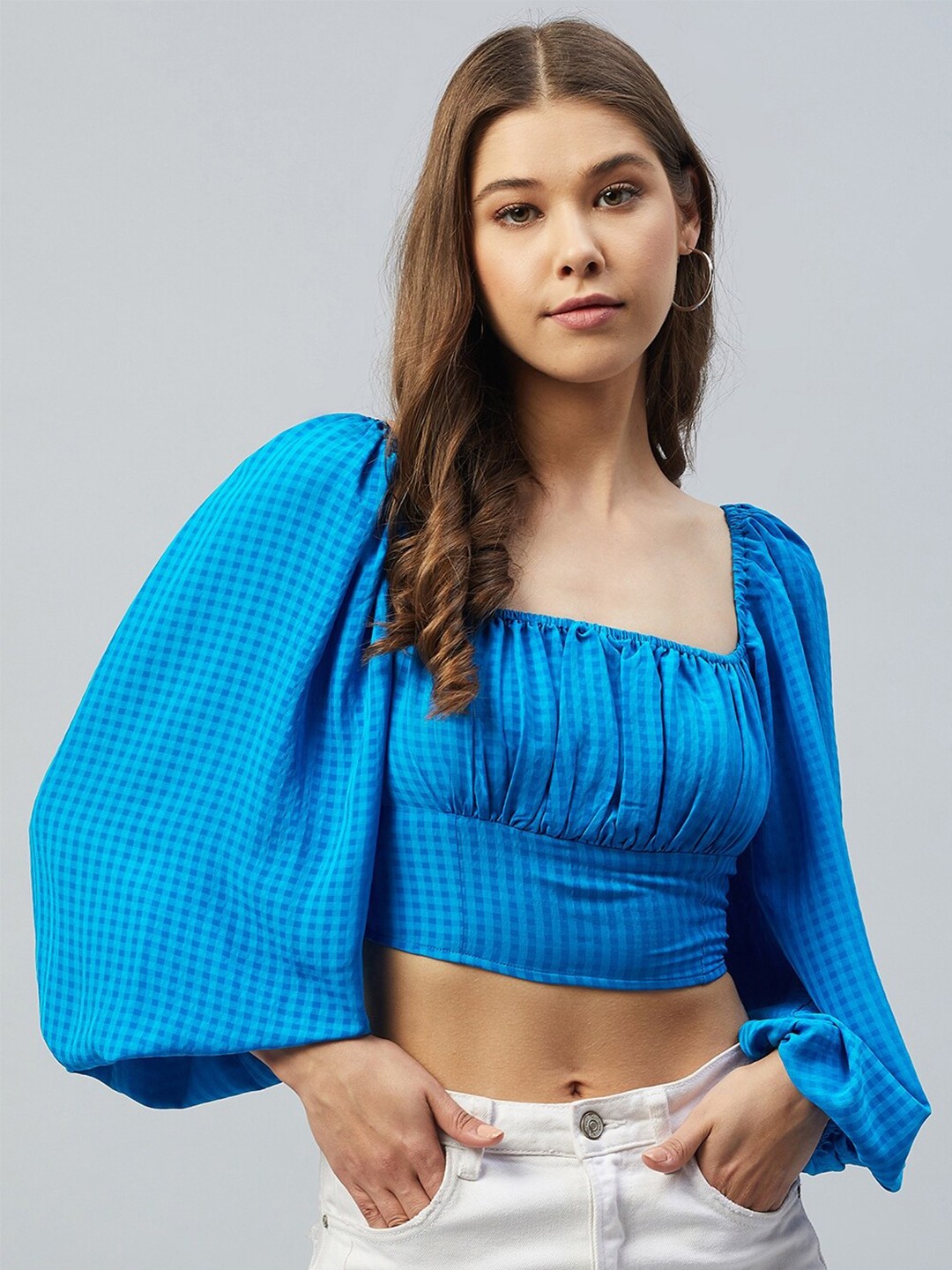 

DELAN Checked Puff Sleeves Gathered Crop Top, Blue