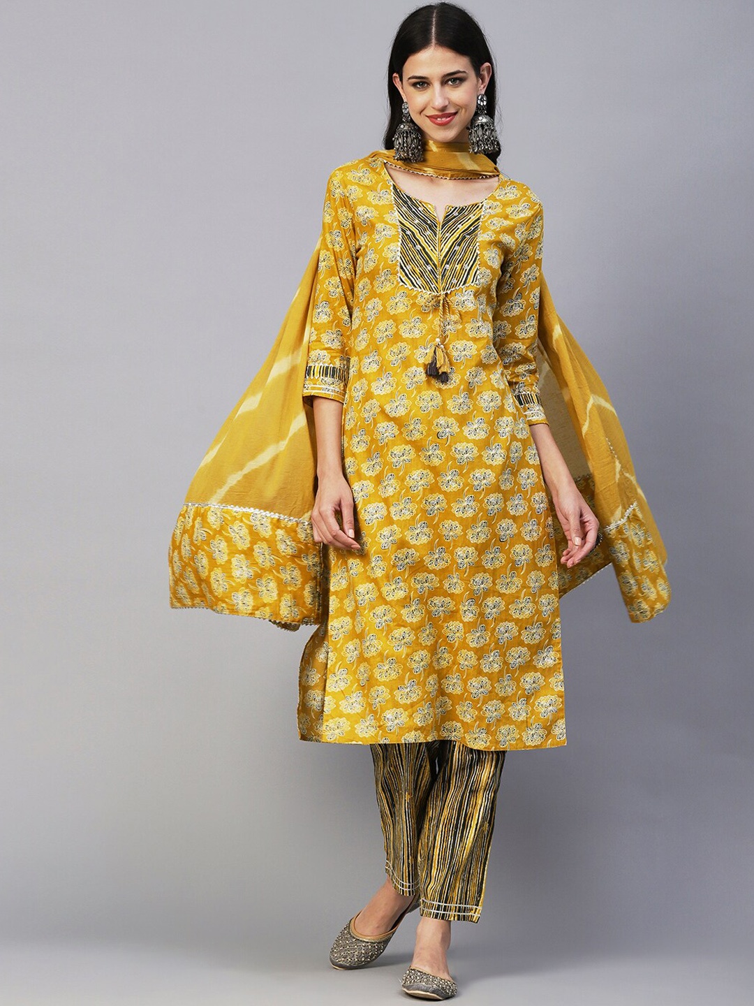 

FASHOR Mustard Yellow & White Floral Printed Pure Cotton Kurta With Trousers & Dupatta