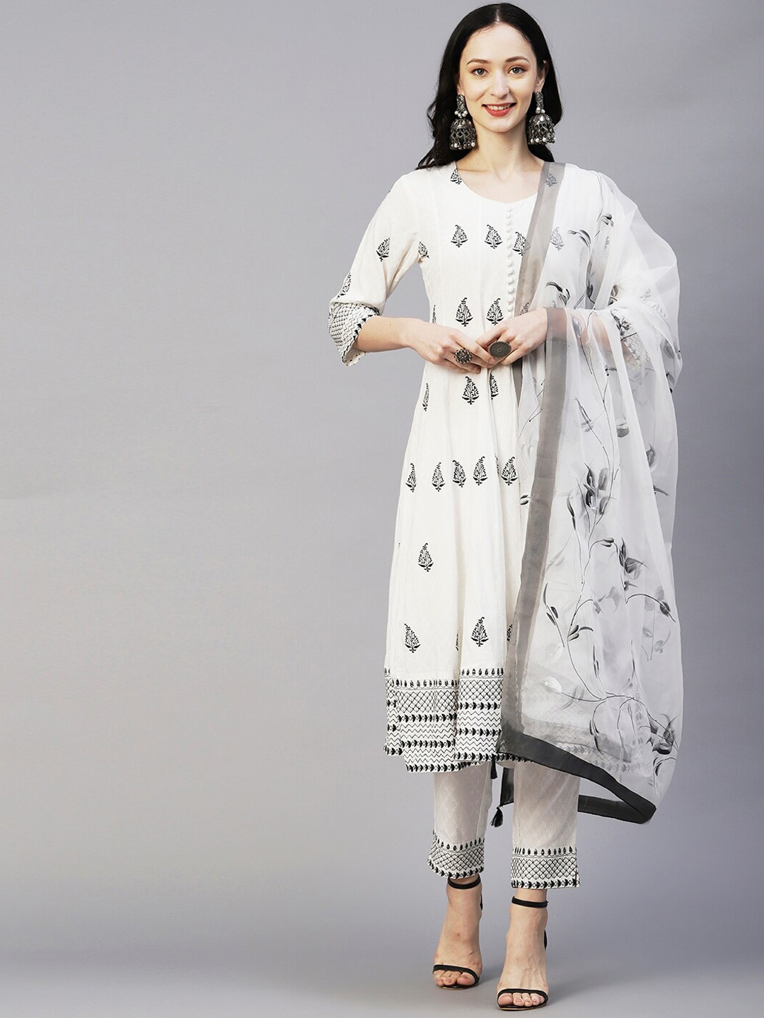 

FASHOR White & Black Printed Sequinned Anarkali Kurta With Trousers & Dupatta
