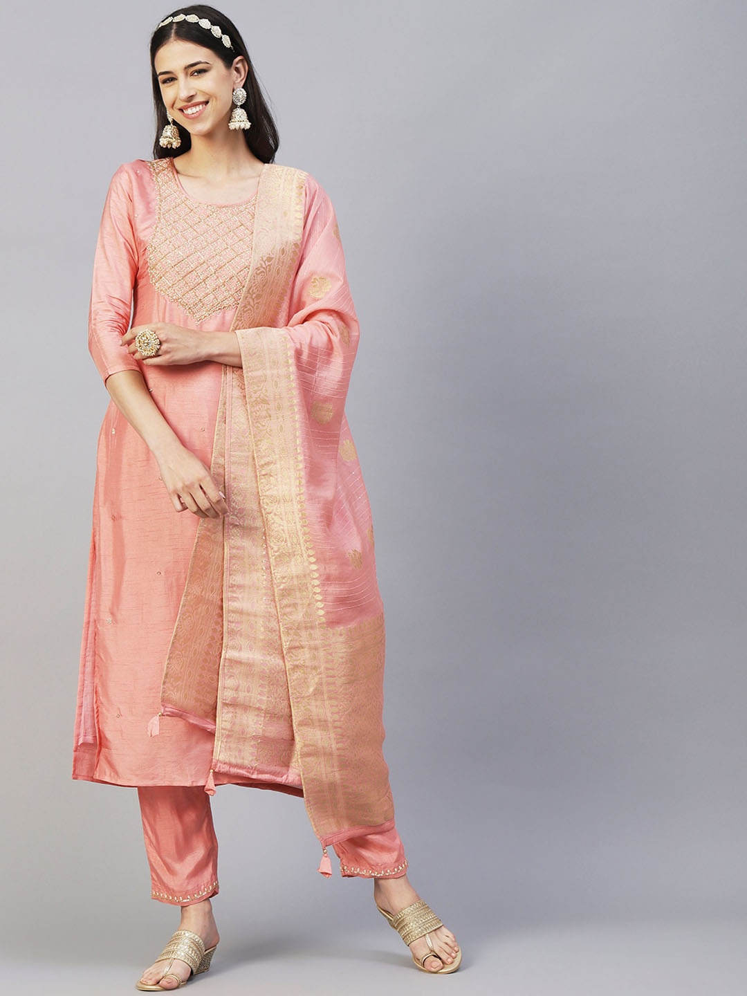 

FASHOR Peach-Coloured & Gold Embroidered Sequinned Kurta With Trousers & Dupatta