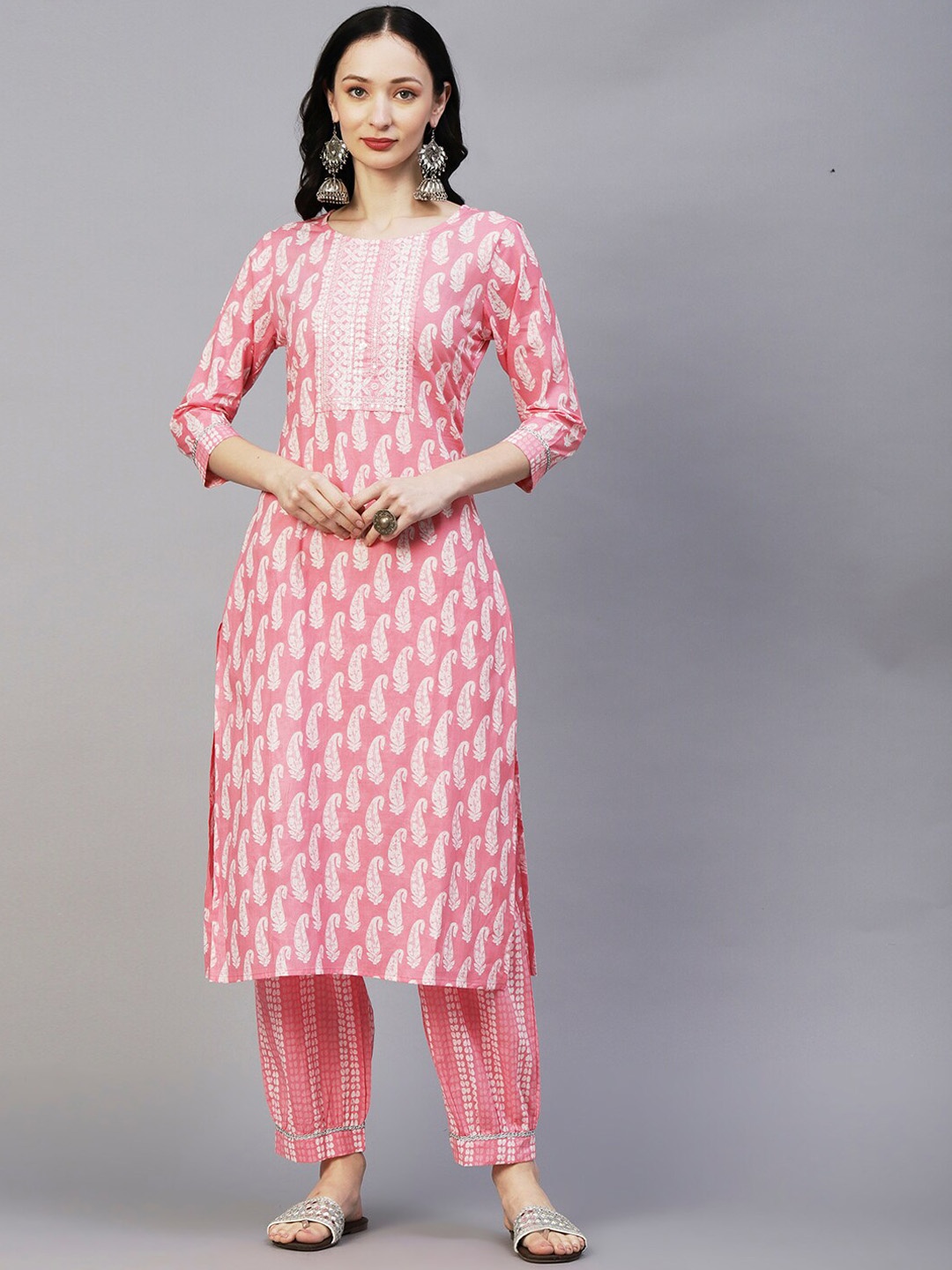 

FASHOR Pink & Cream Coloured Paisley Printed Sequinned Pure Cotton Kurta With Salwar