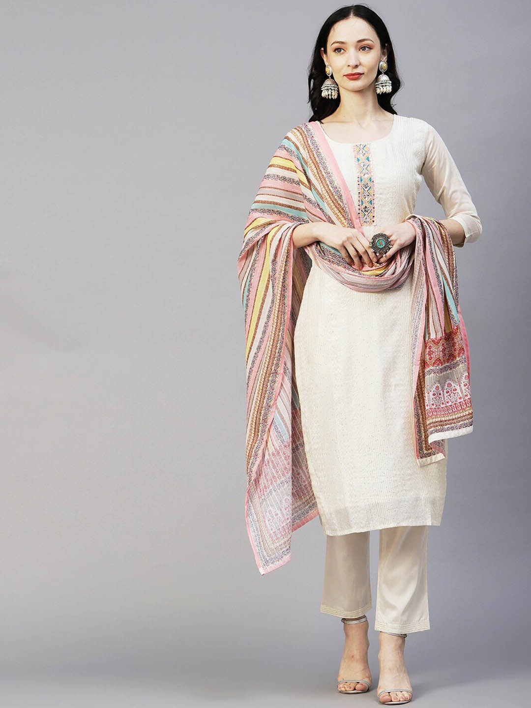 

FASHOR Off White & Blue Ethnic Motifs Embroidered Sequinned Kurta With Trousers & Dupatta