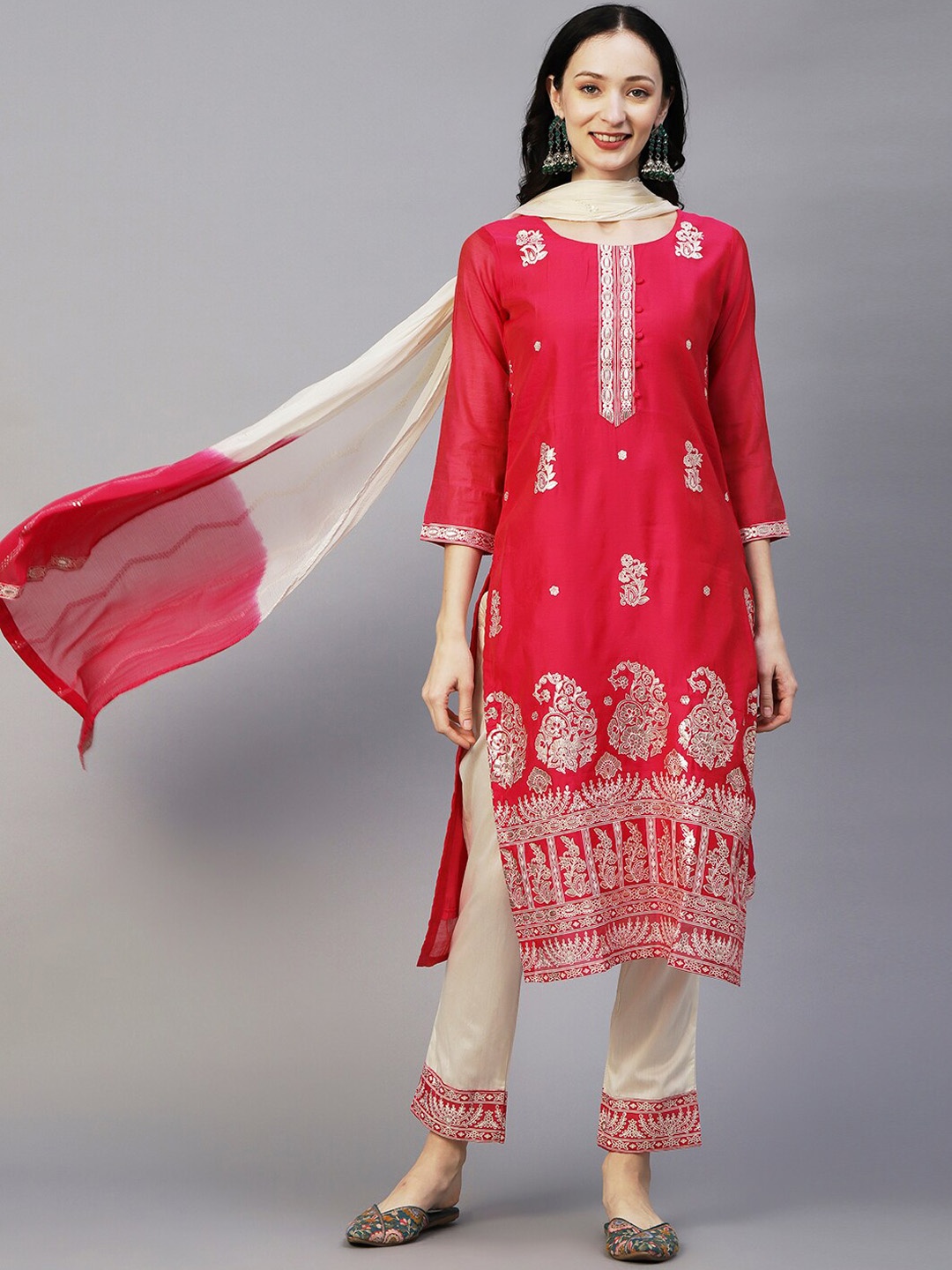

FASHOR Red & Cream Coloured Floral Printed Sequinned Kurta With Trousers & Dupatta
