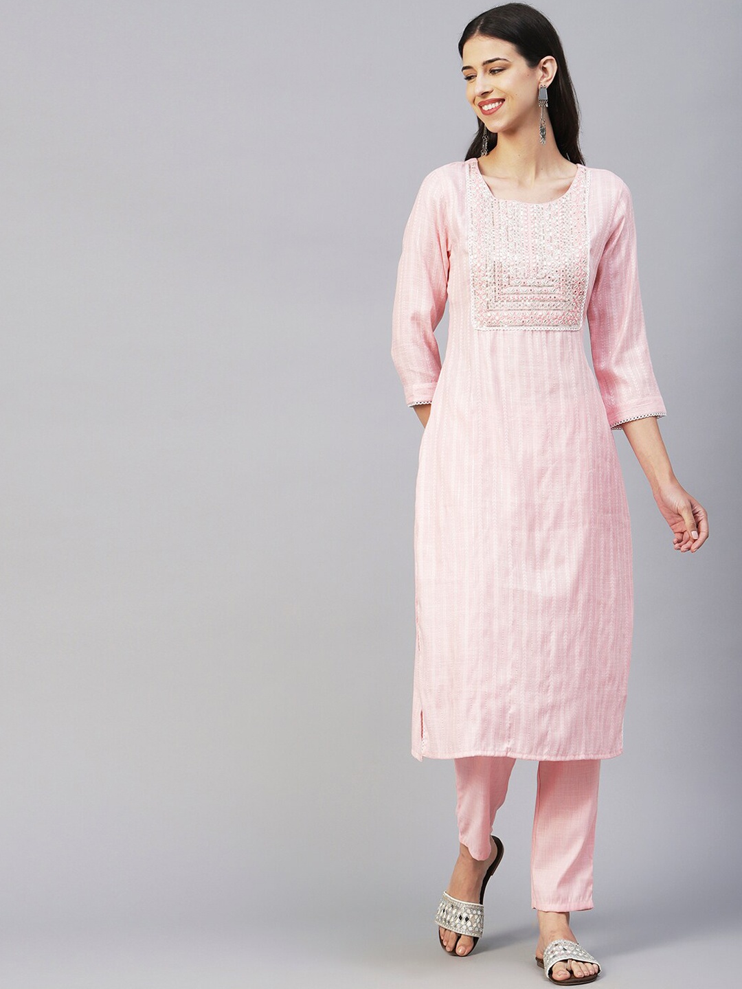 

FASHOR Pink & White Striped Woven Design Mirror Work Kurta With Trousers