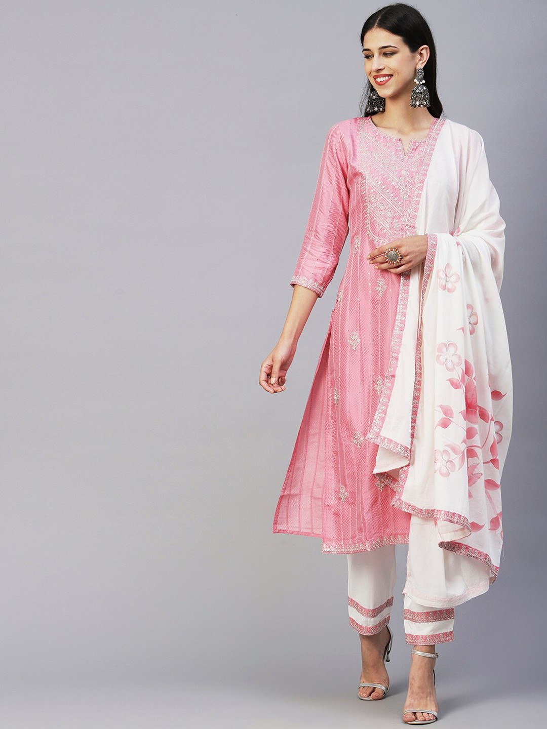 

FASHOR Pink & White Embroidered Notched Neck Sequinned Kurta With Trousers & Dupatta