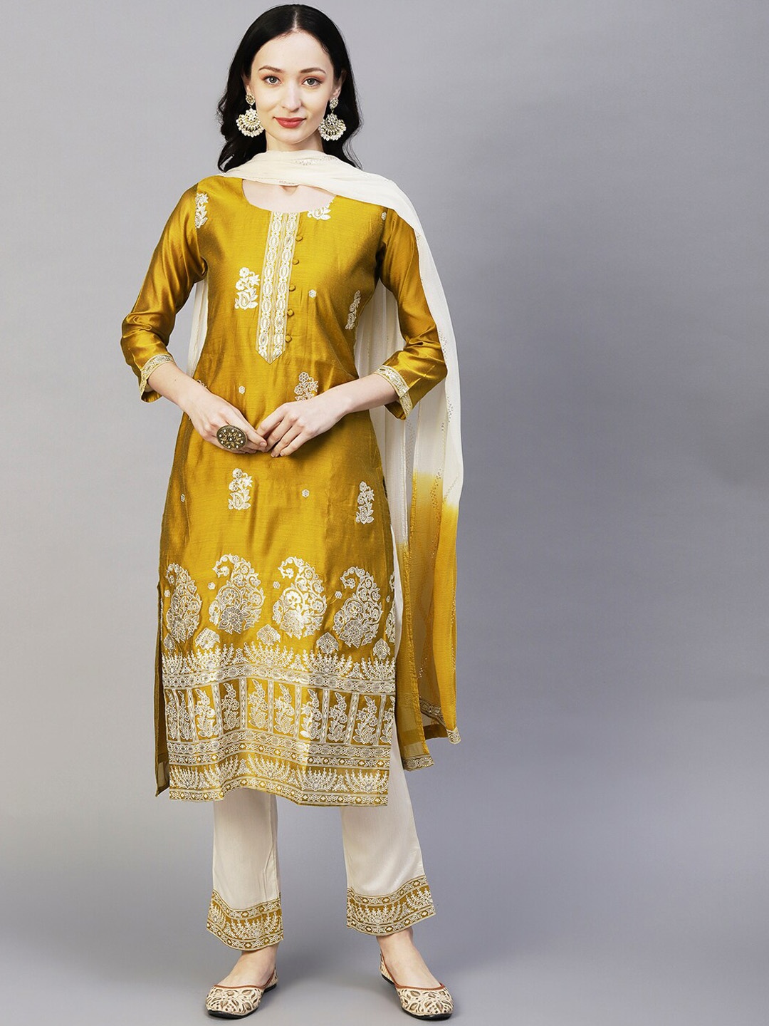 

FASHOR Mustard Yellow & White Printed Sequinned Kurta With Trousers & Dupatta