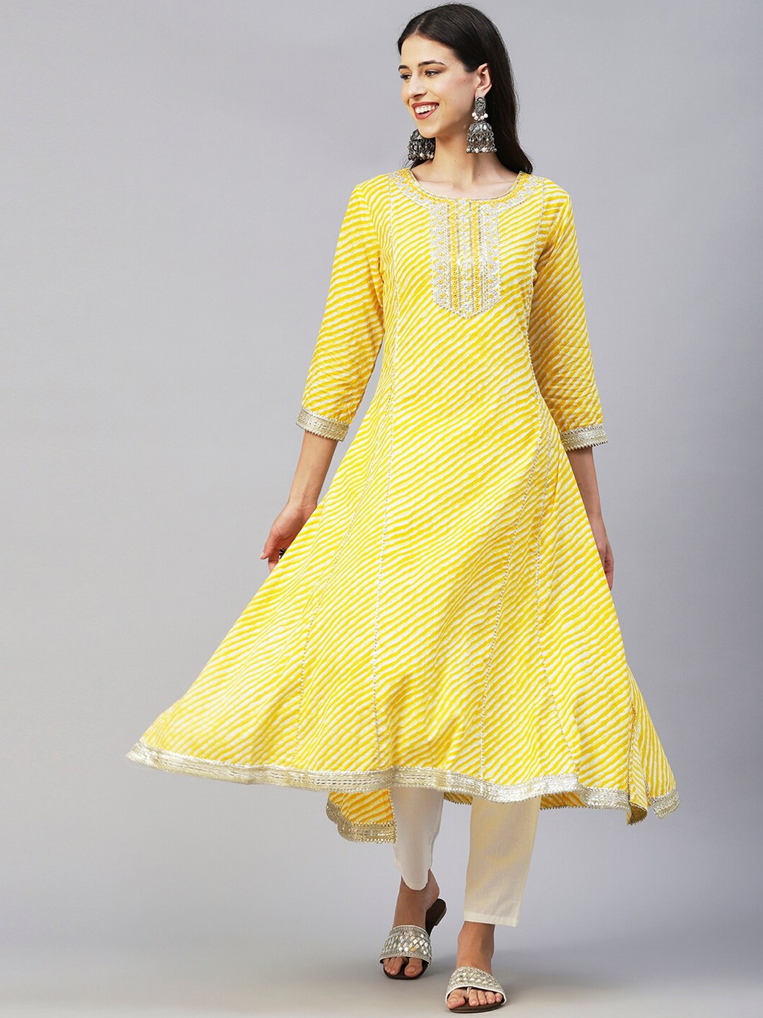 

FASHOR Yellow & White Printed Mirror Work Pure Cotton Anarkali Kurta With Trousers
